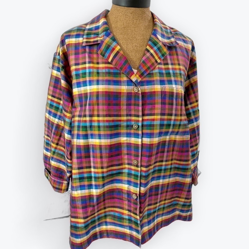 Chico's Design 100% raw silk colorful plaid check Boxy Jacket 3/4 Sleeve, Lg/XL